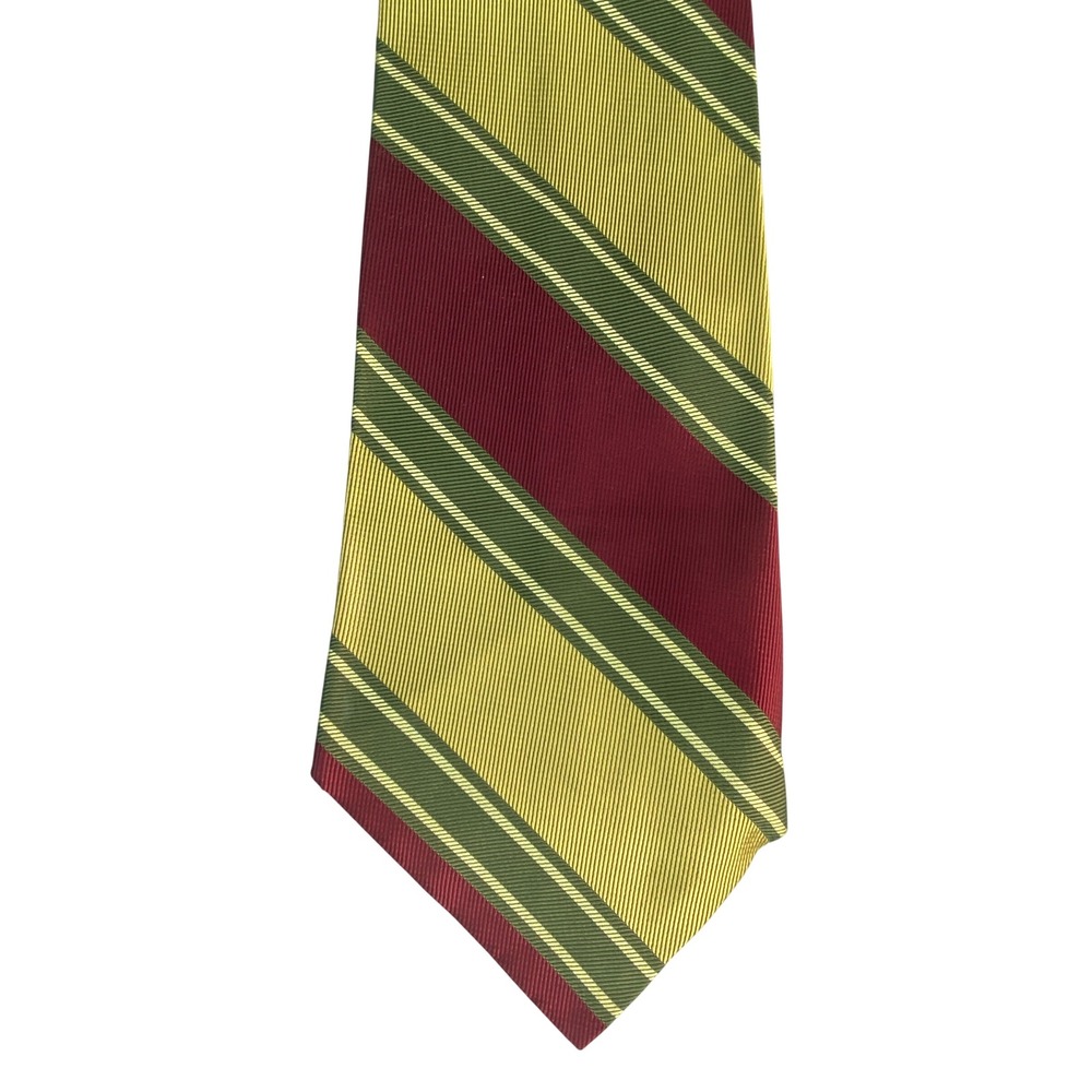 VTG Silk Tie Mens Burgundy Maroon Gold Olive Green Striped Preppy 52.5x3.75